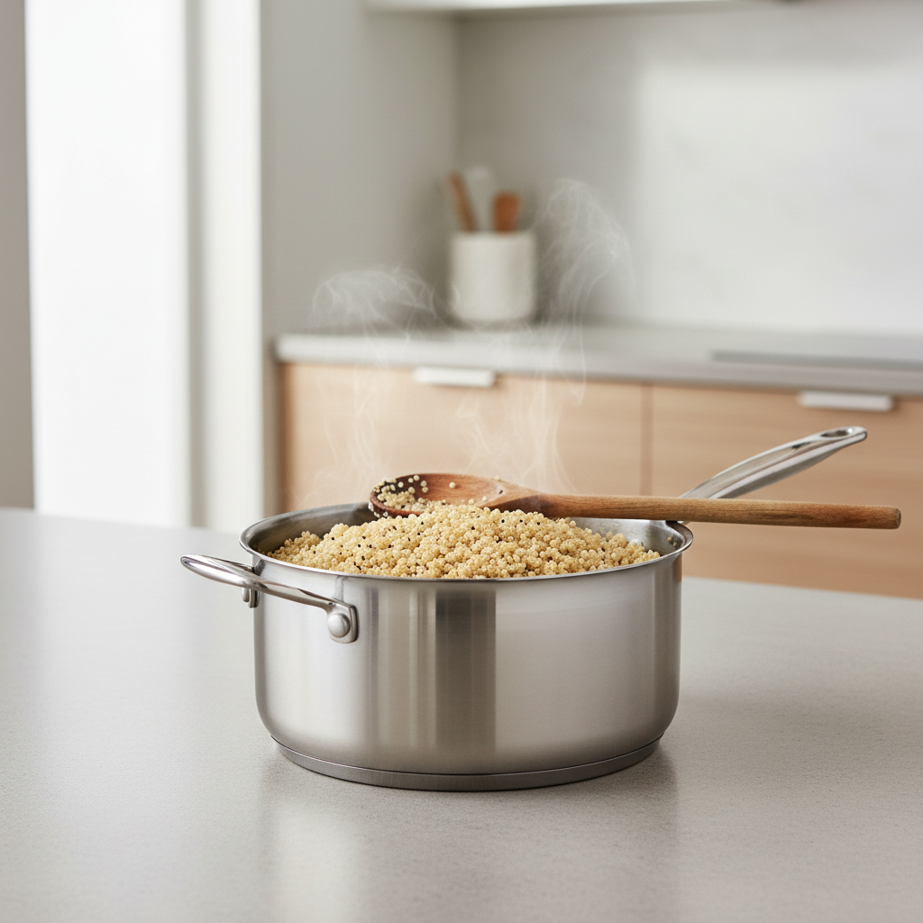 Fluffy cooked quinoa in a saucepan with steam rising