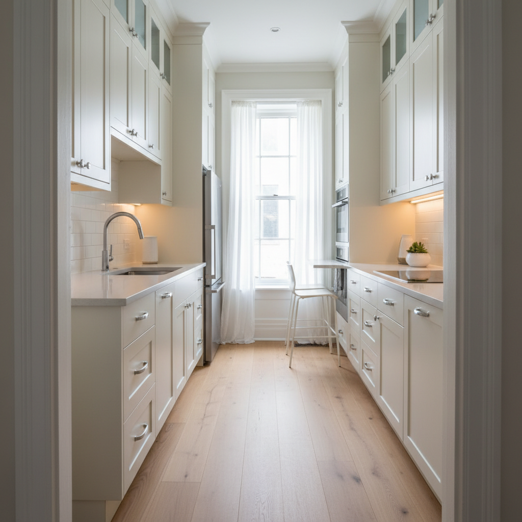 Bright small kitchen with light cabinets and clear countertops for a bigger look