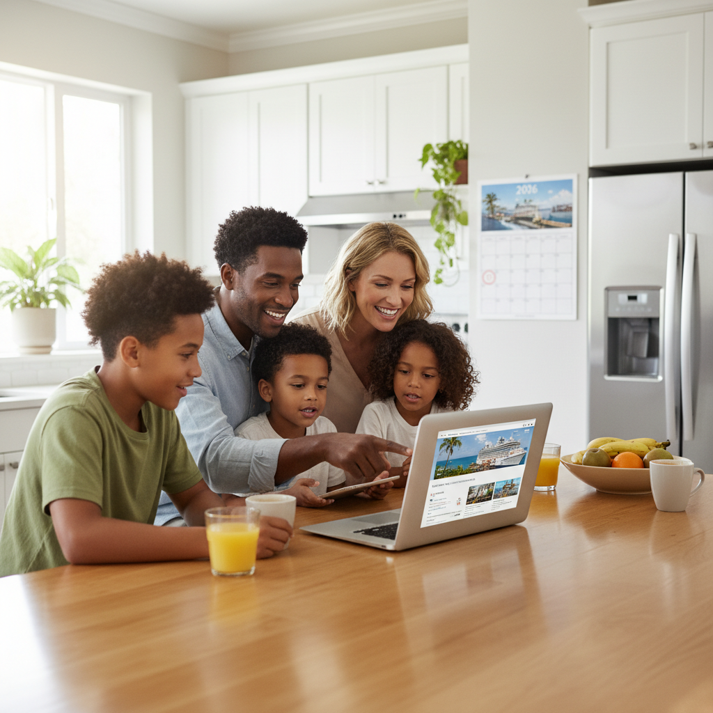 Family comparing cruise options on a laptop while planning a 2026 vacation