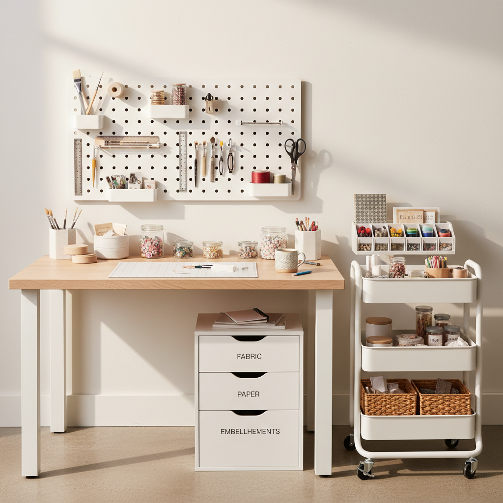 Craft room workstation with pegboard, rolling cart, and labeled drawers for organizing supplies