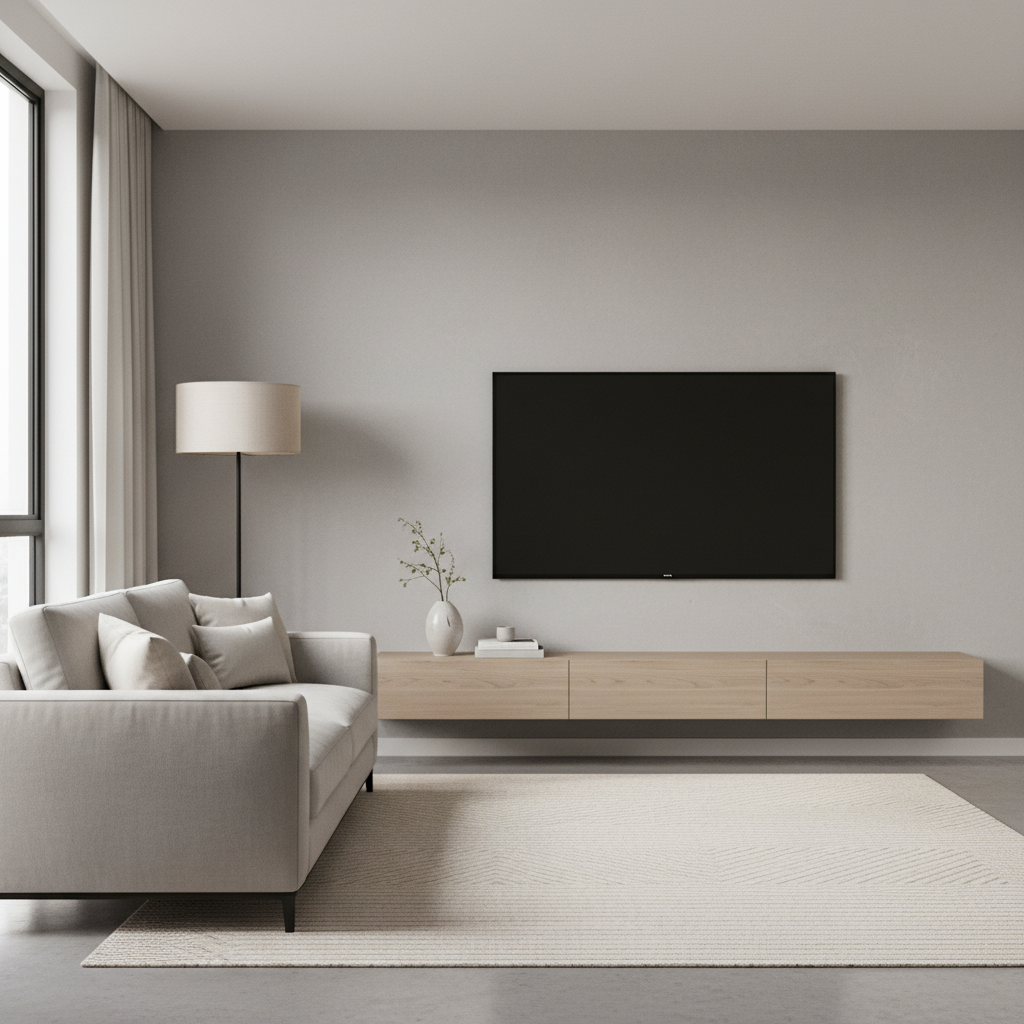 Wall-mounted TV with hidden cables and slim media console in a small living room