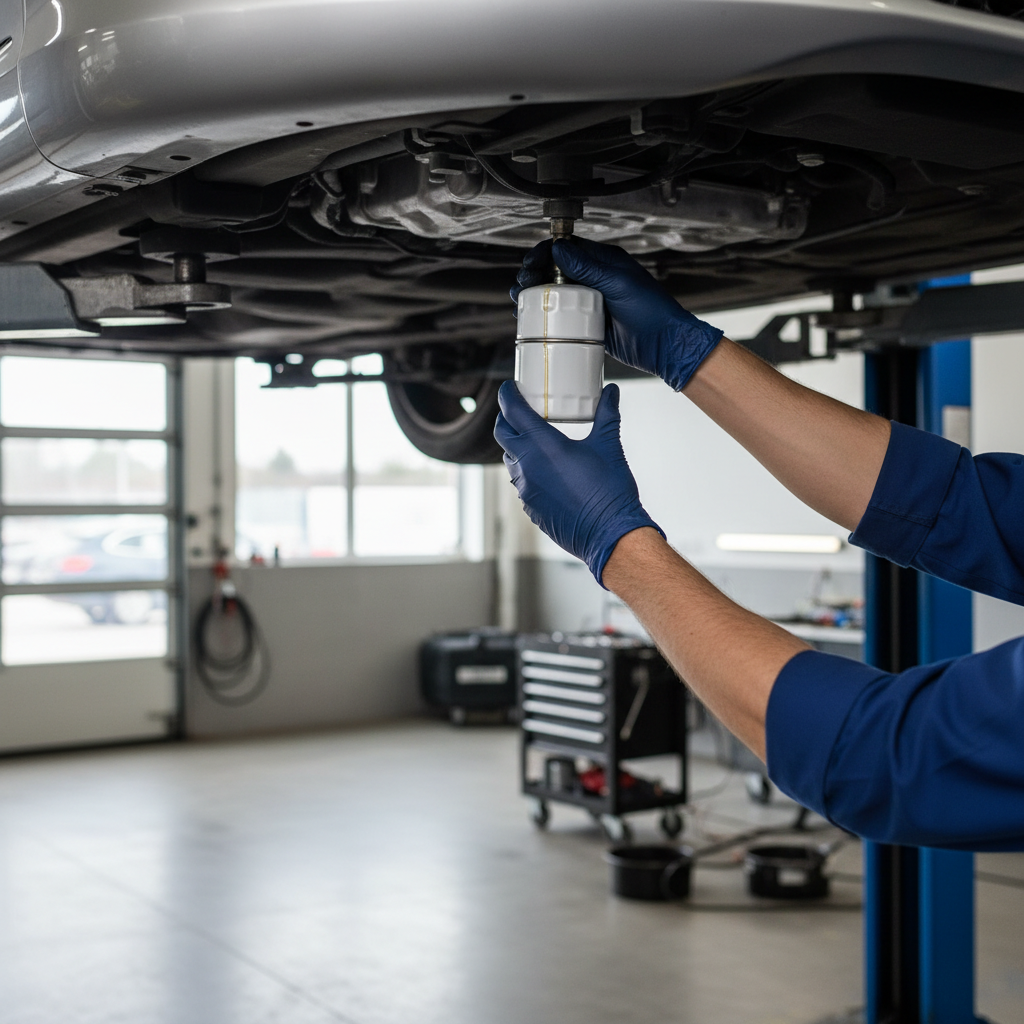Mechanic installing an oil filter with oil on gasket in a clean garage