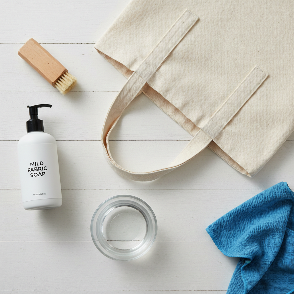 Flat lay of canvas tote care items like mild soap, soft brush, and clean cloth