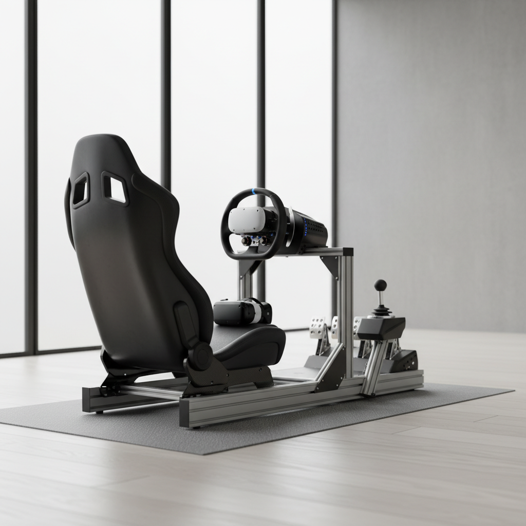VR racing cockpit setup with steering wheel pedals and headset for driving simulation
