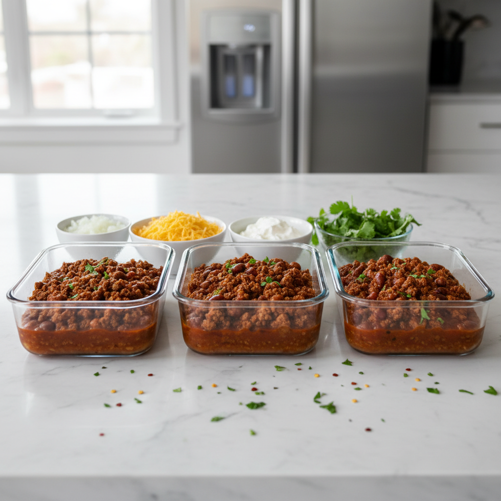 Meal prep containers with ground beef chili and toppings