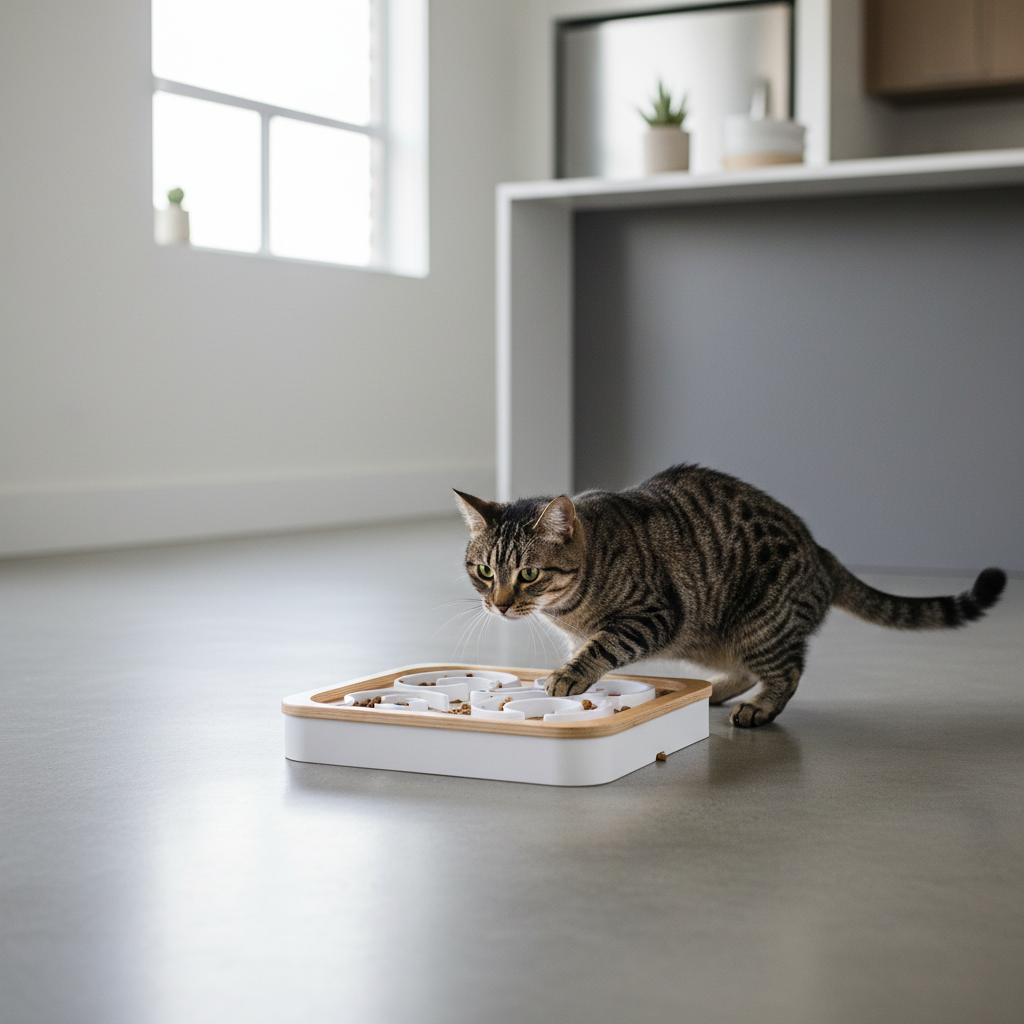 Cat solving a puzzle feeder toy on a kitchen floor