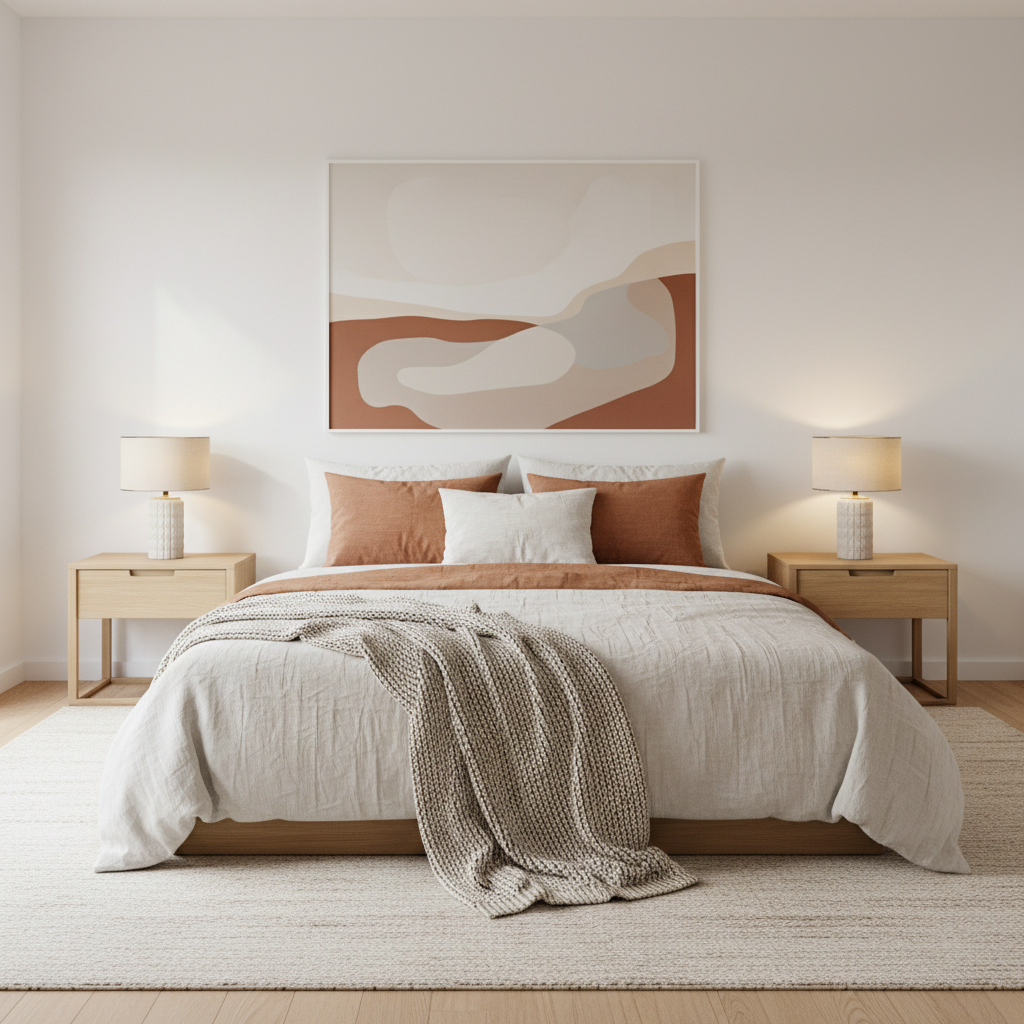 Minimalist bedroom with warm neutrals, linen bedding, and soft bedside lamps