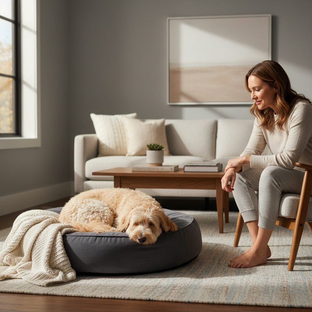 Owner checking a dog resting comfortably while coughing at home