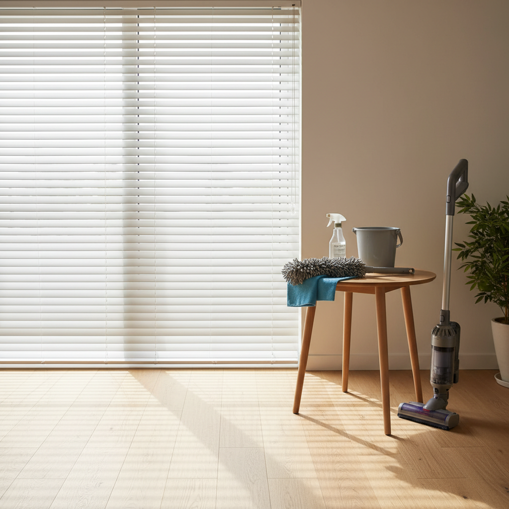 Quick cleaning setup for window blinds with microfiber duster and spray bottle