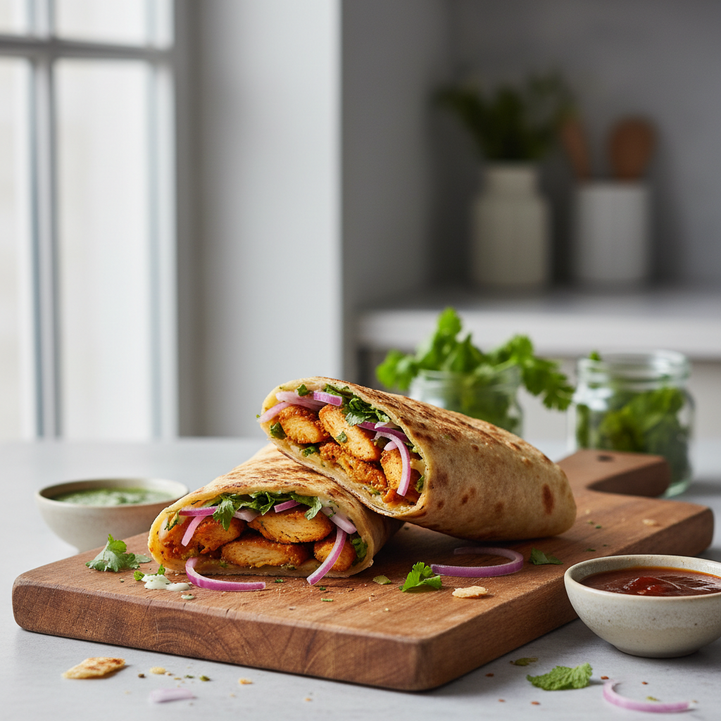 Easy chicken kathi roll wrapped in paratha with onions and sauce