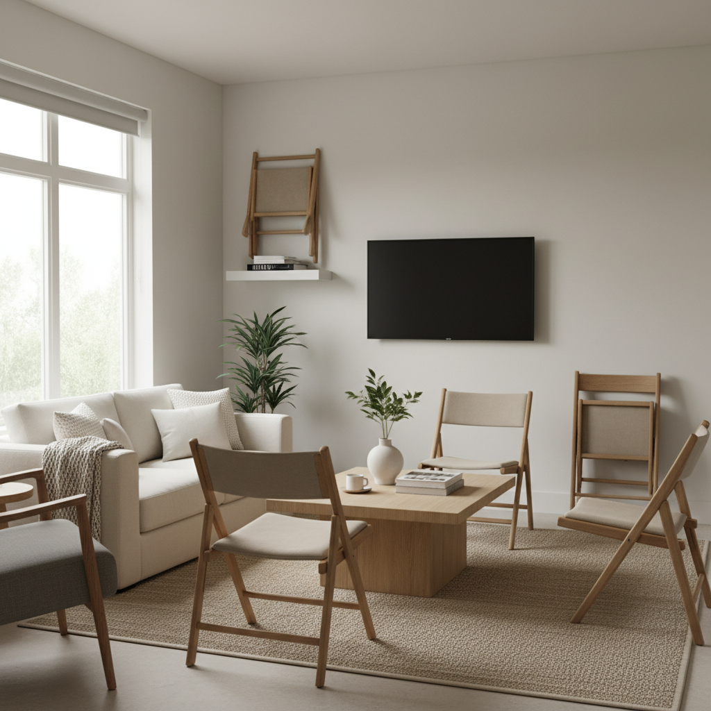 Foldable chairs set up for extra guests in a small living room