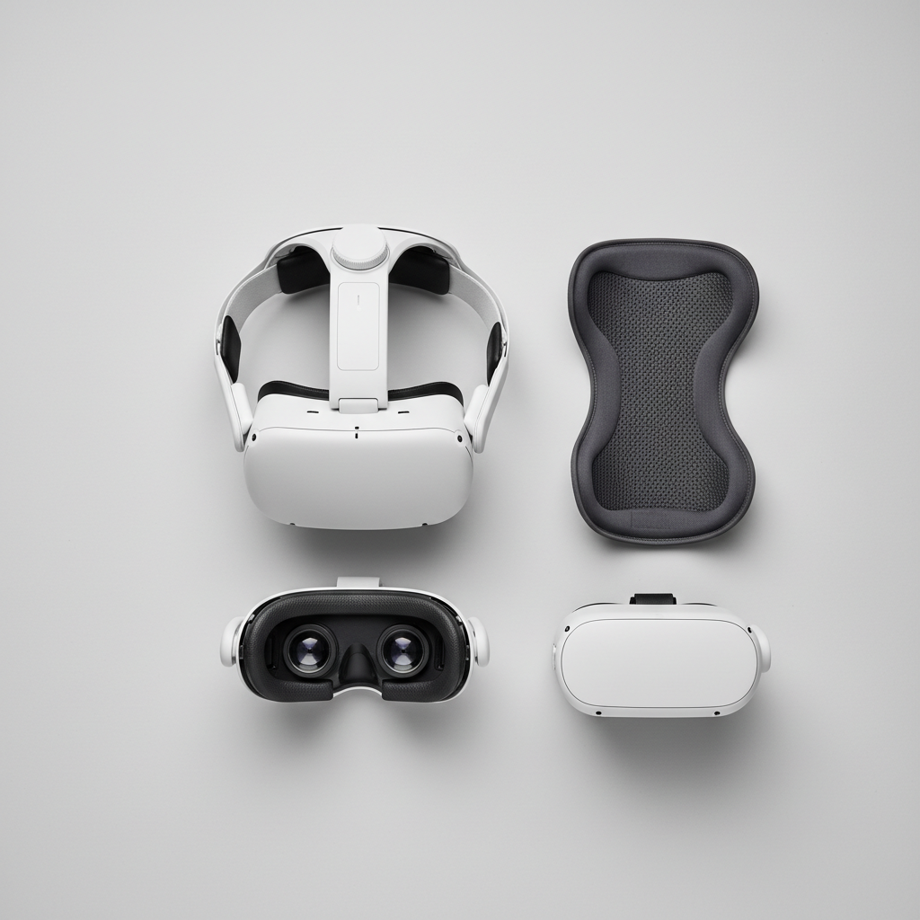 VR comfort accessories like head strap and facial interface next to a headset