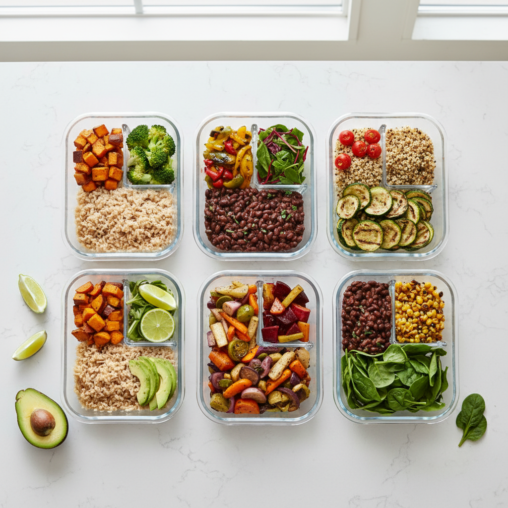 Simple vegan meal prep containers with grains, beans, and vegetables