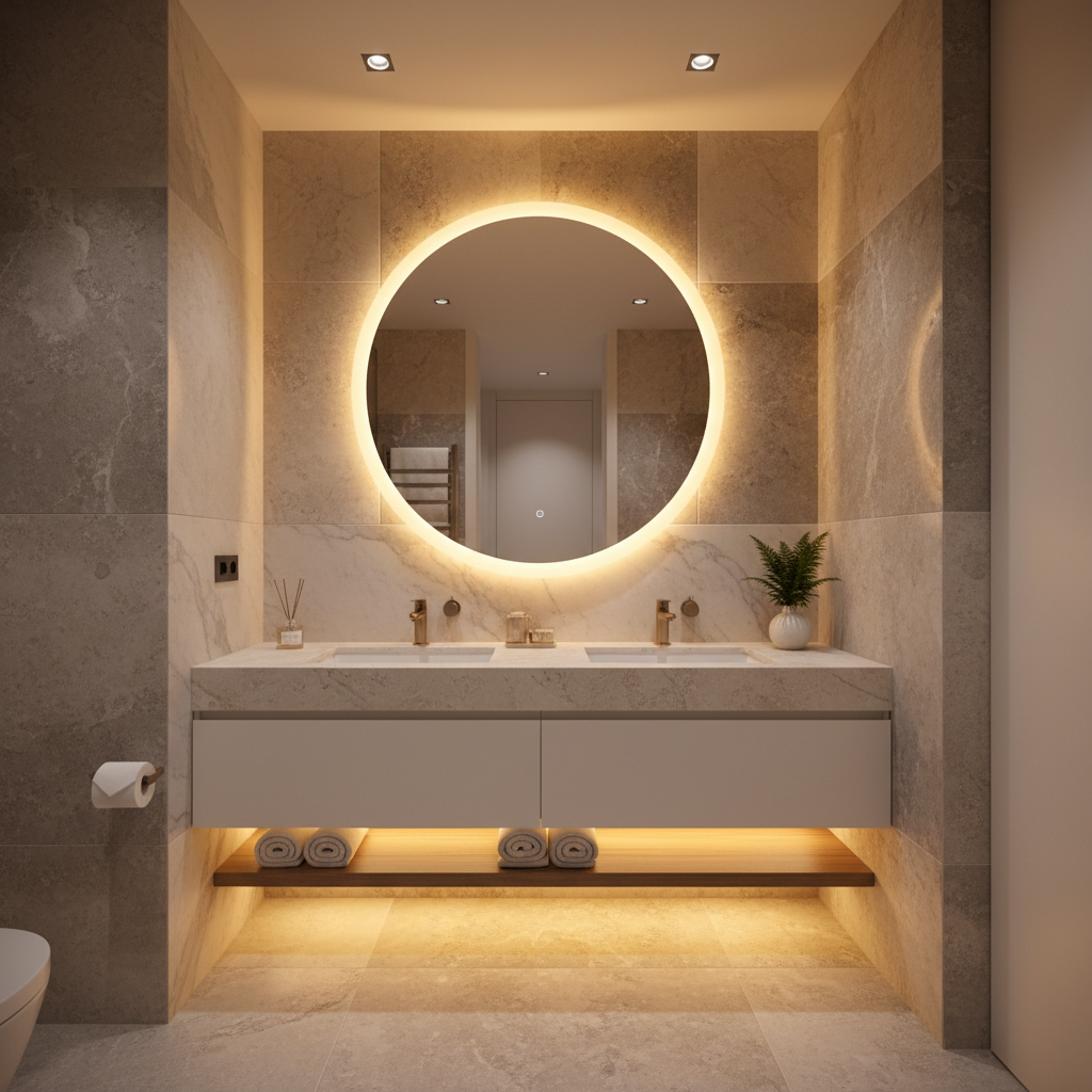 Small bathroom luxury look with warm lighting and clean styling