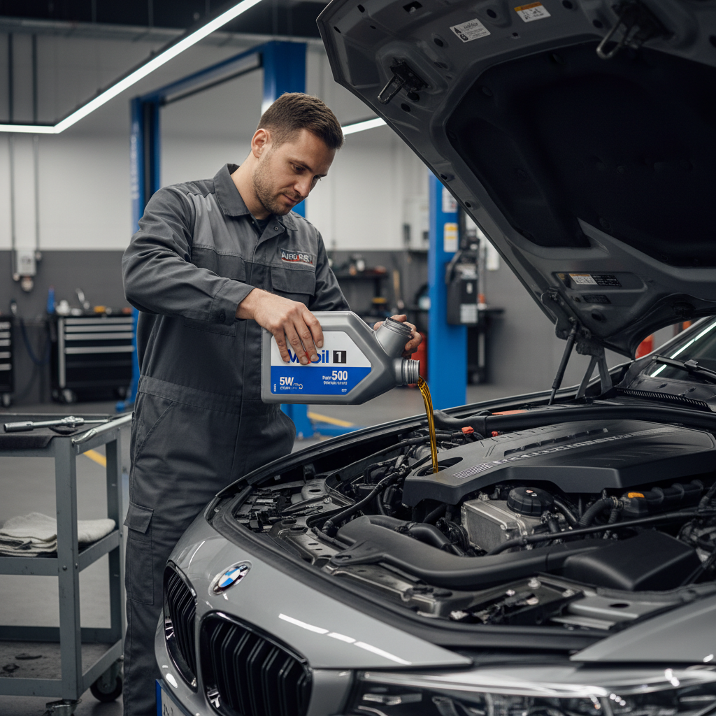 Mechanic pouring 5W-30 full synthetic oil into a modern car engine at a service bay