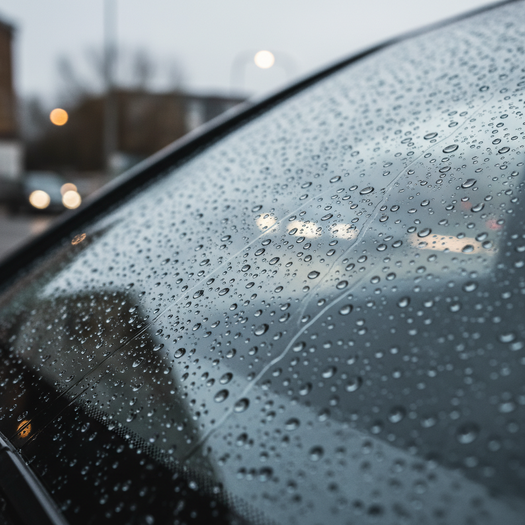 Close-up of water beading on a treated windshield in rain