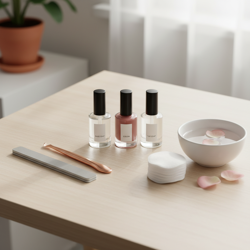 At-home manicure setup with nail polish, base coat, and clean tools on a tidy table