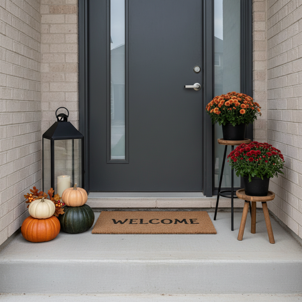 Small front stoop with vertical fall decor using mums and stacked pumpkins