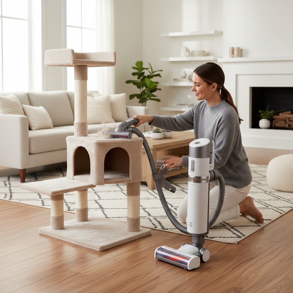 Vacuuming a cat tree with brush attachment to remove hair and dander