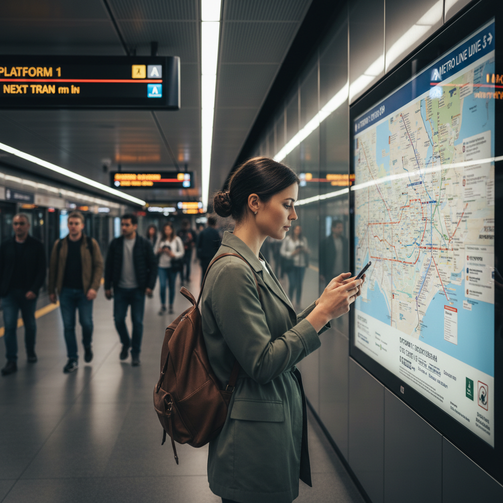Traveler using public transit map in a modern city for 2026 travel