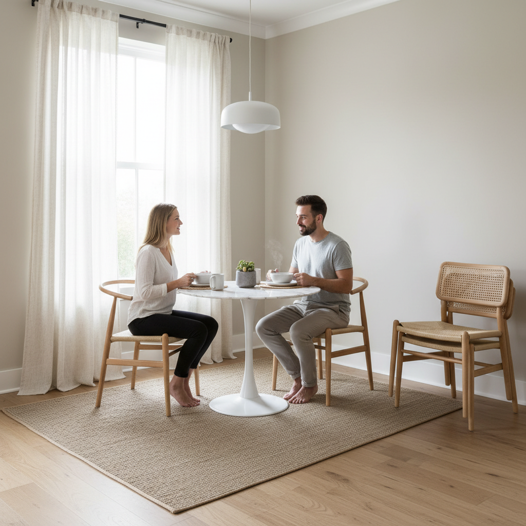 Small dining area with stackable chairs stored neatly in a corner