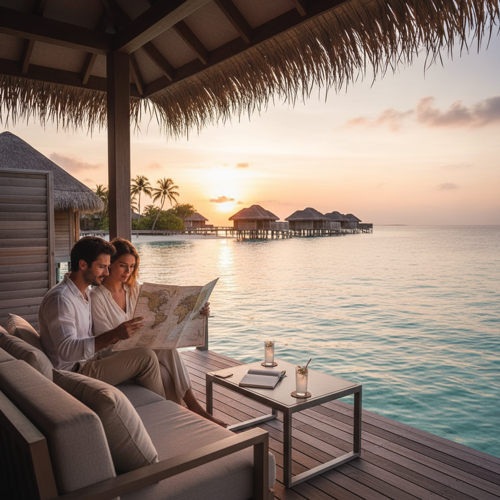 Couple on Maldives overwater villa deck at sunset planning a 7-day itinerary