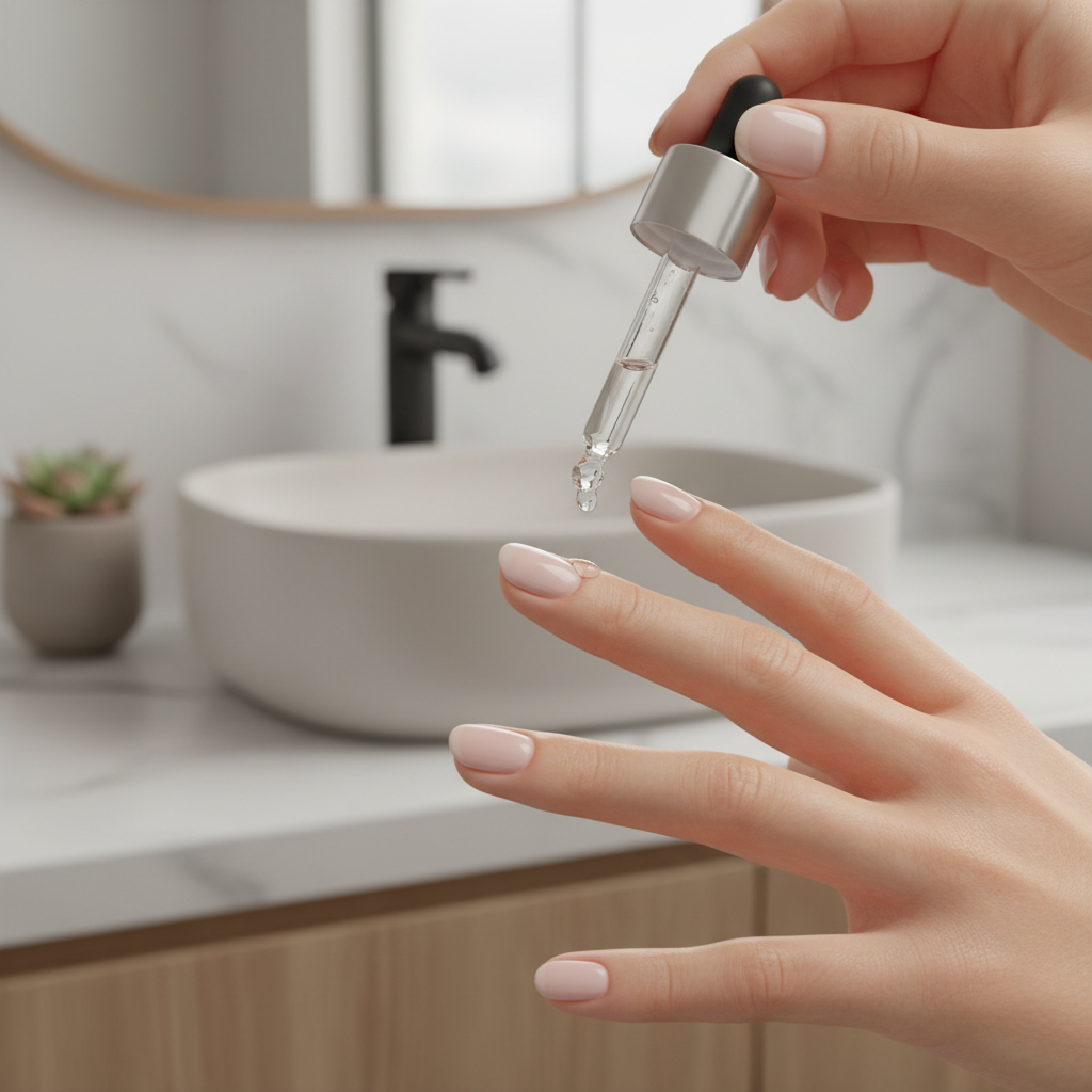 Cuticle oil applied to healthy nails and nail folds