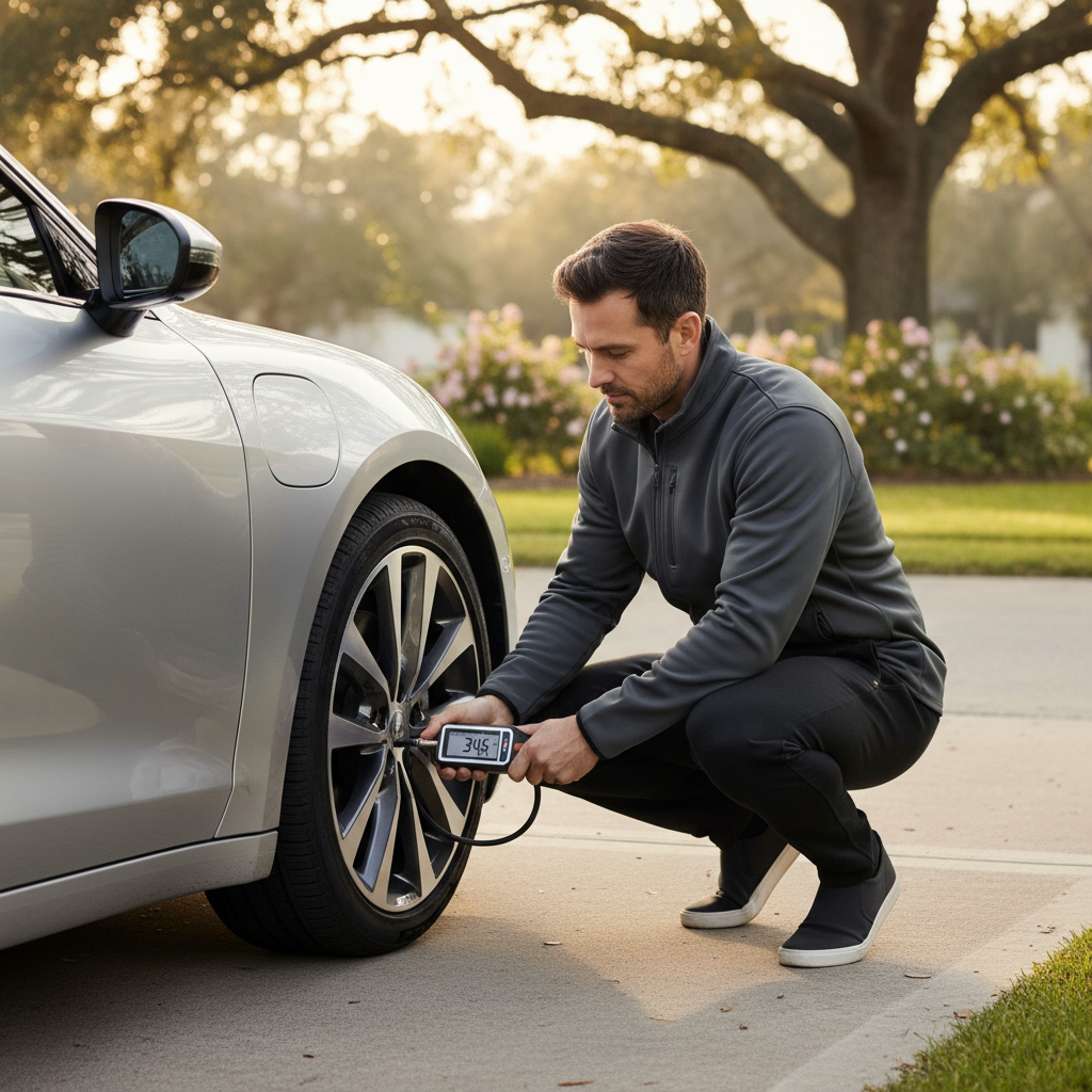 Driver checking tire pressure with a digital tire pressure gauge at home driveway