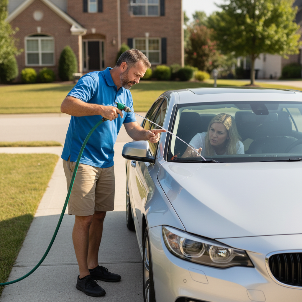 Home water test to locate windshield leak using gentle hose flow