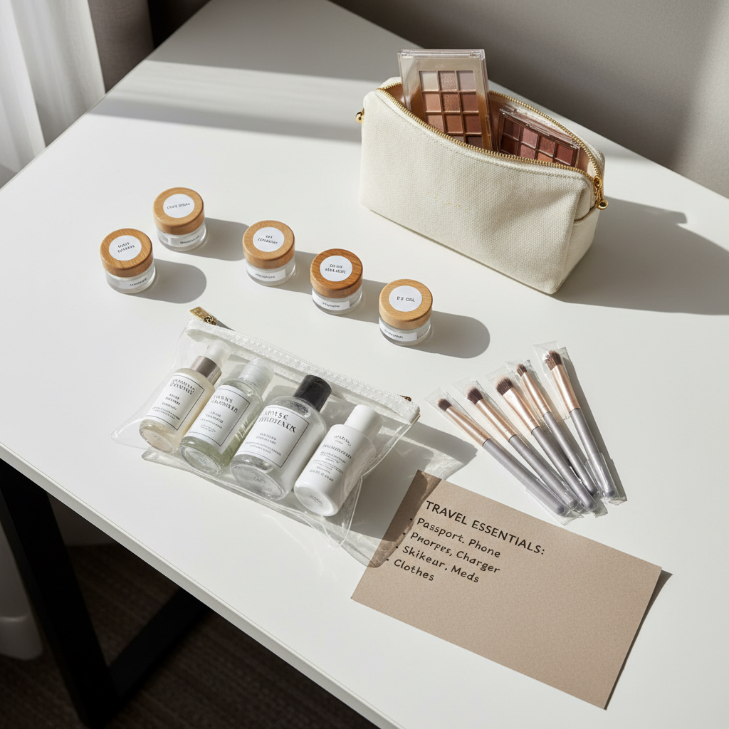 Travel makeup pouch layout with skincare and cosmetics organized by category