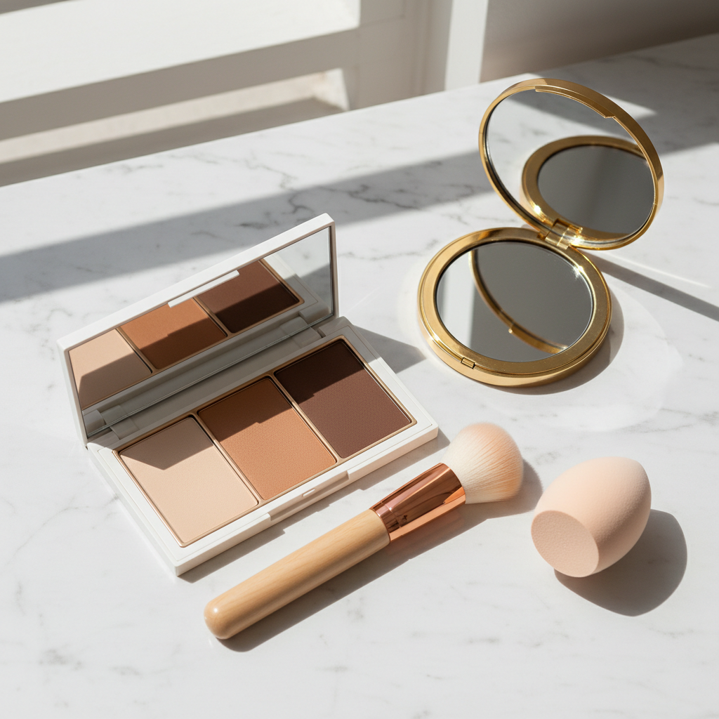 Beginner contour kit essentials laid out on vanity