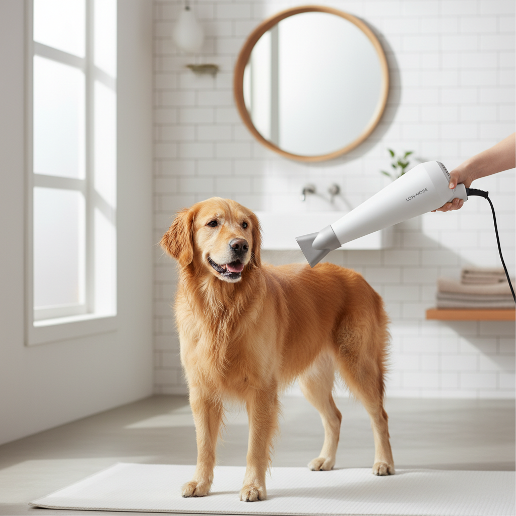 Dog being dried with a low-noise pet hair dryer in a home bathroom