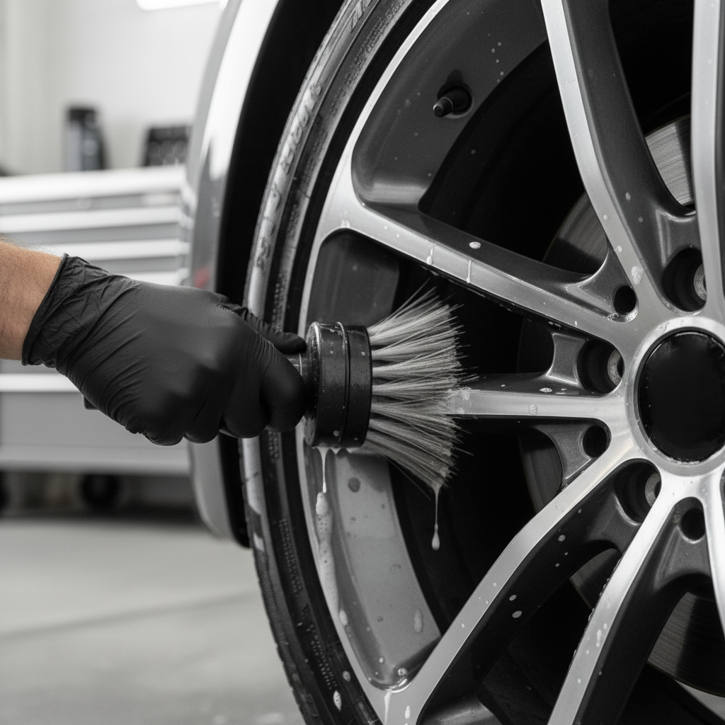 Detailing a car wheel with a wheel brush removing brake dust