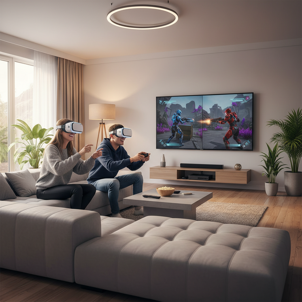 Friends playing a VR third-person shooter co-op in the same living room setup