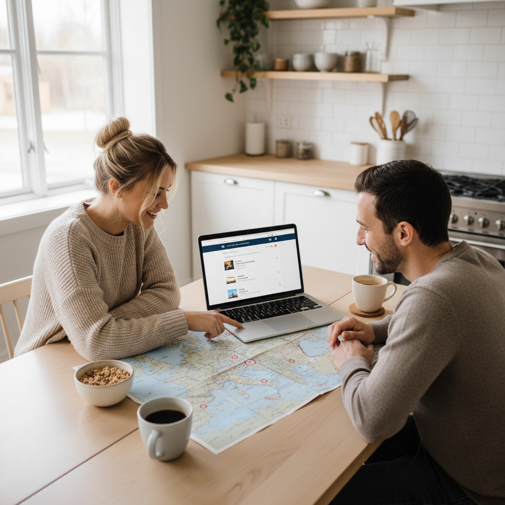 Couple planning a romantic honeymoon trip with a map and laptop