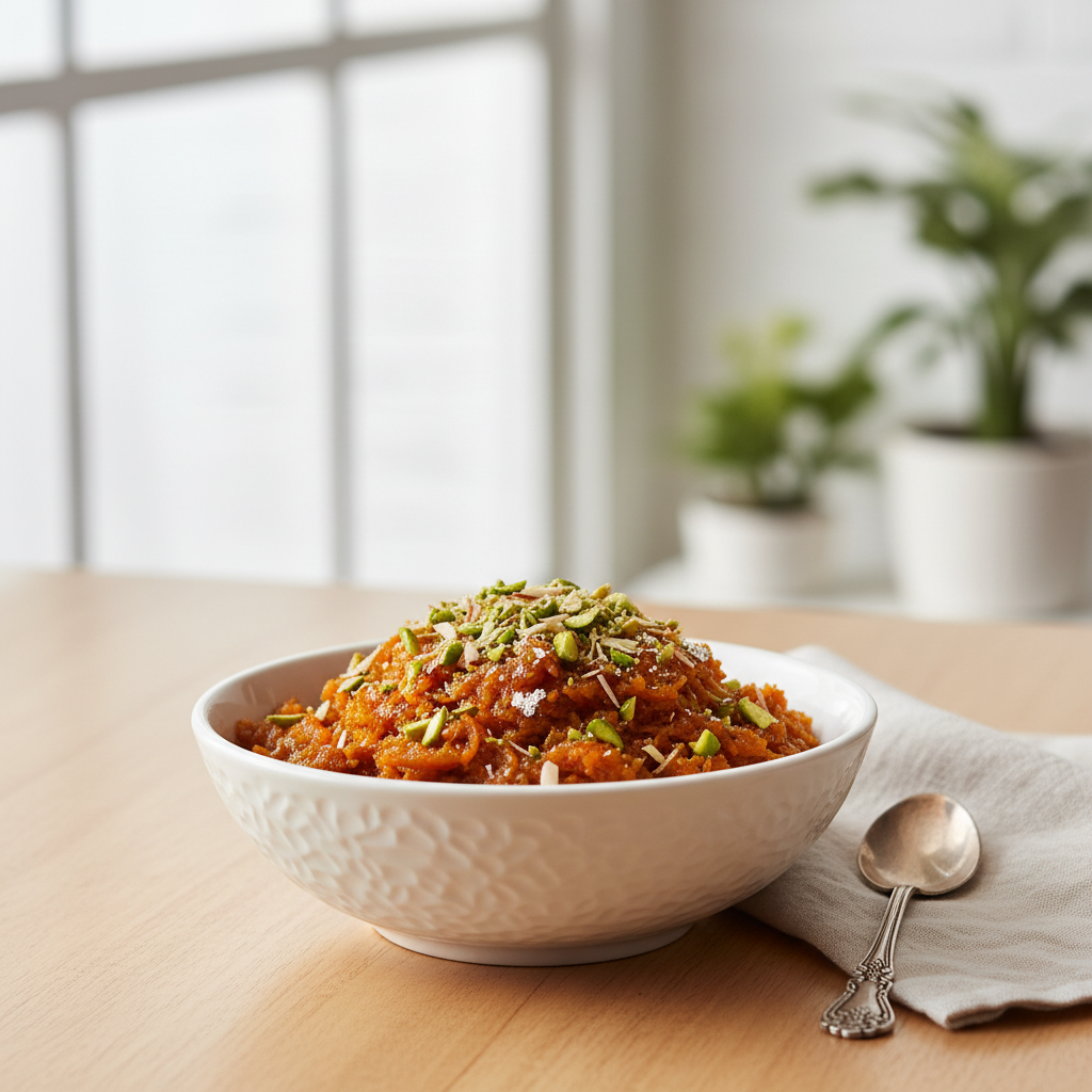 Finished gajar ka halwa garnished with pistachios in a serving bowl