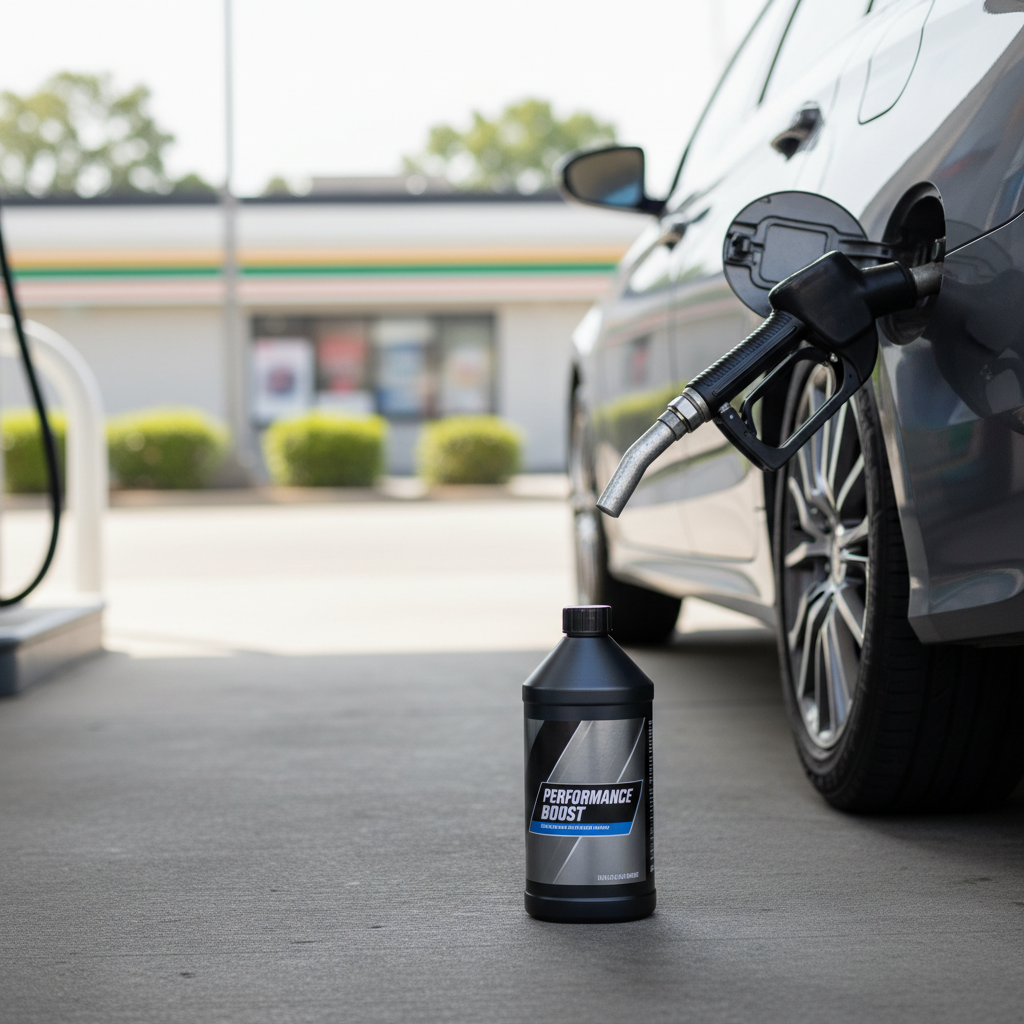Fuel system cleaner bottle next to gas pump and modern sedan