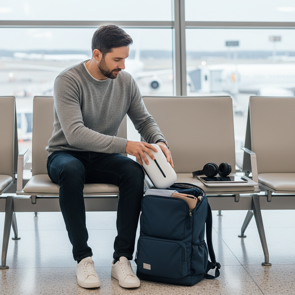 Traveler packing Quest 3 VR case into a carry-on backpack at an airport