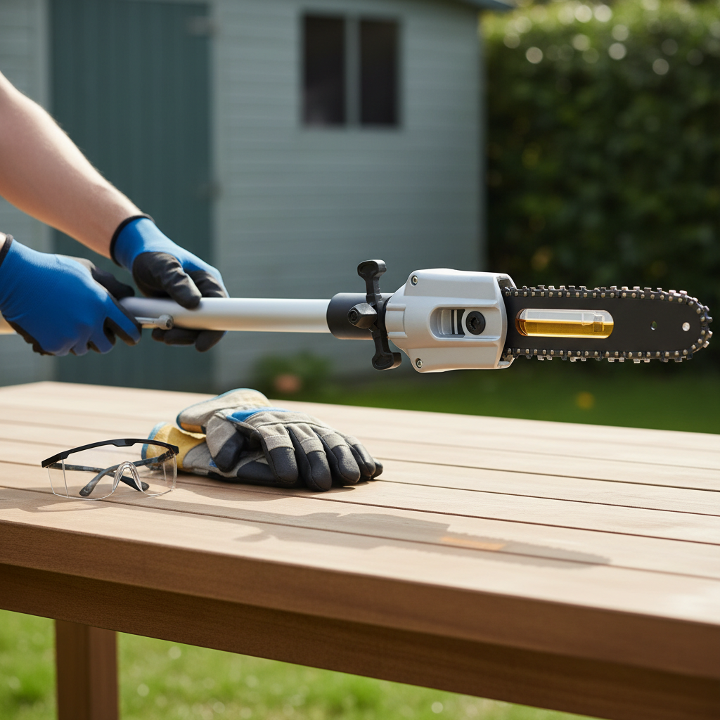 Pole saw pre-use safety check showing chain tension, bar oil, and locked pole sections