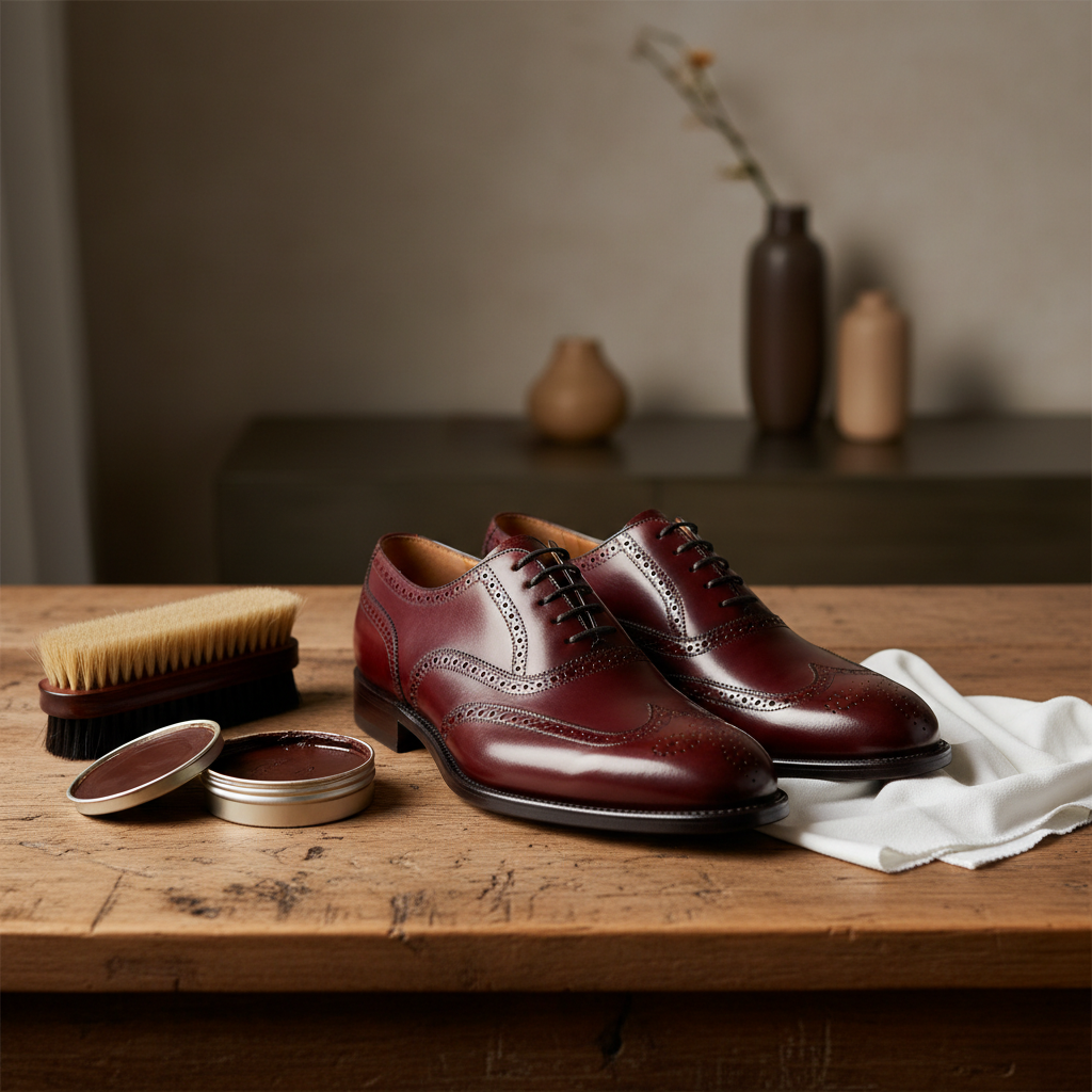 Leather dress shoes with shoe polish and brush on a wooden surface