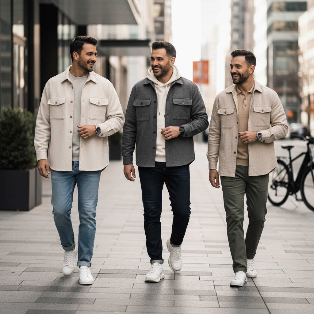 Men wearing modern casual outfits in 2026 with clean sneakers and neutral layers