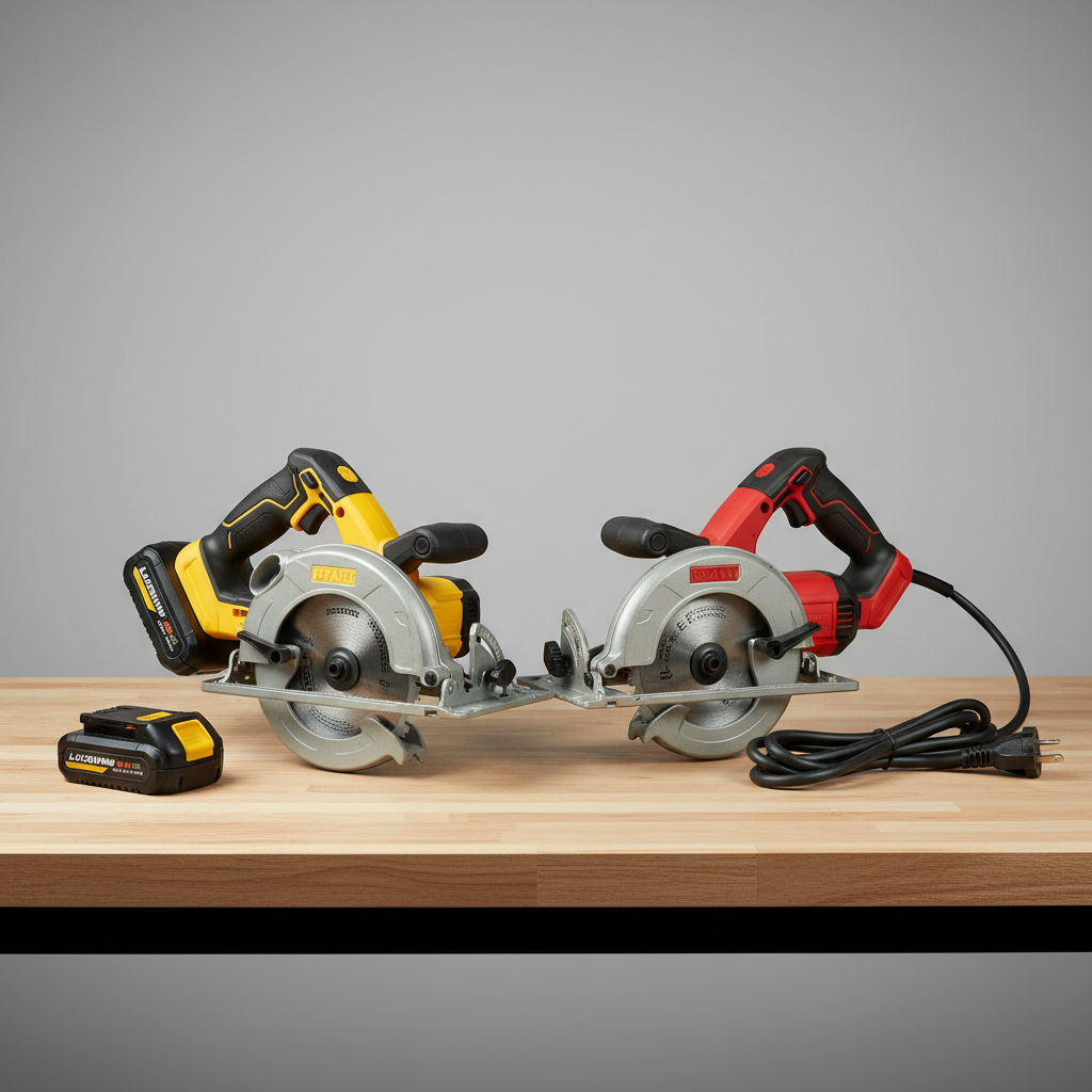 Cordless and corded circular saw comparison on a workbench