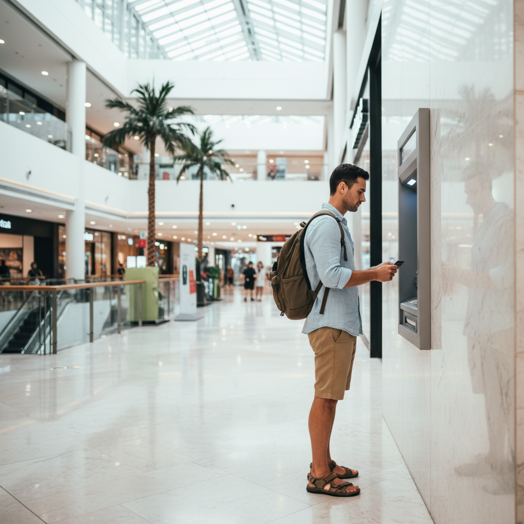 Traveler using ATM safely in a well-lit mall in Thailand
