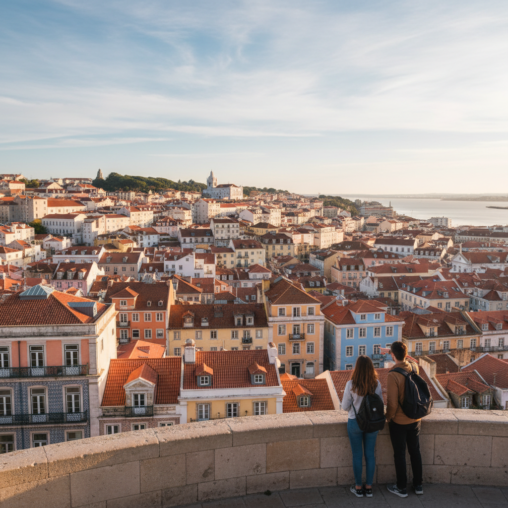 Lisbon spring viewpoint with colorful buildings and a sunny sky