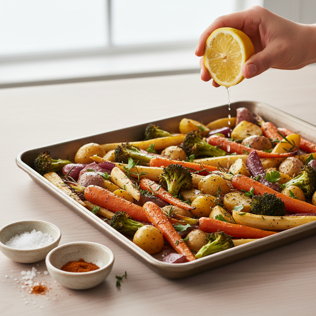 Roasted vegetables being finished with lemon and fresh herbs