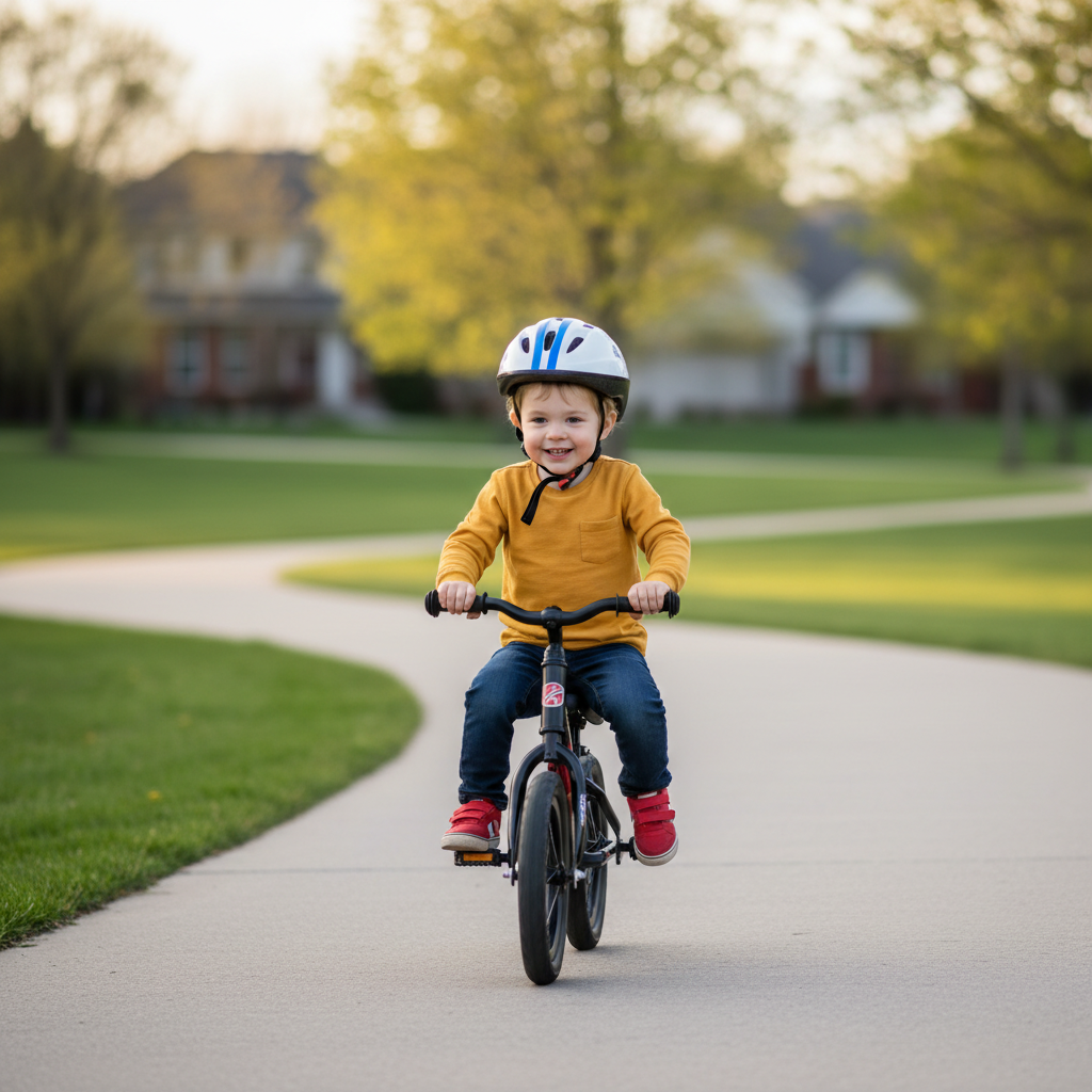Child riding a balance bike confidently on a paved path before switching to a pedal bike
