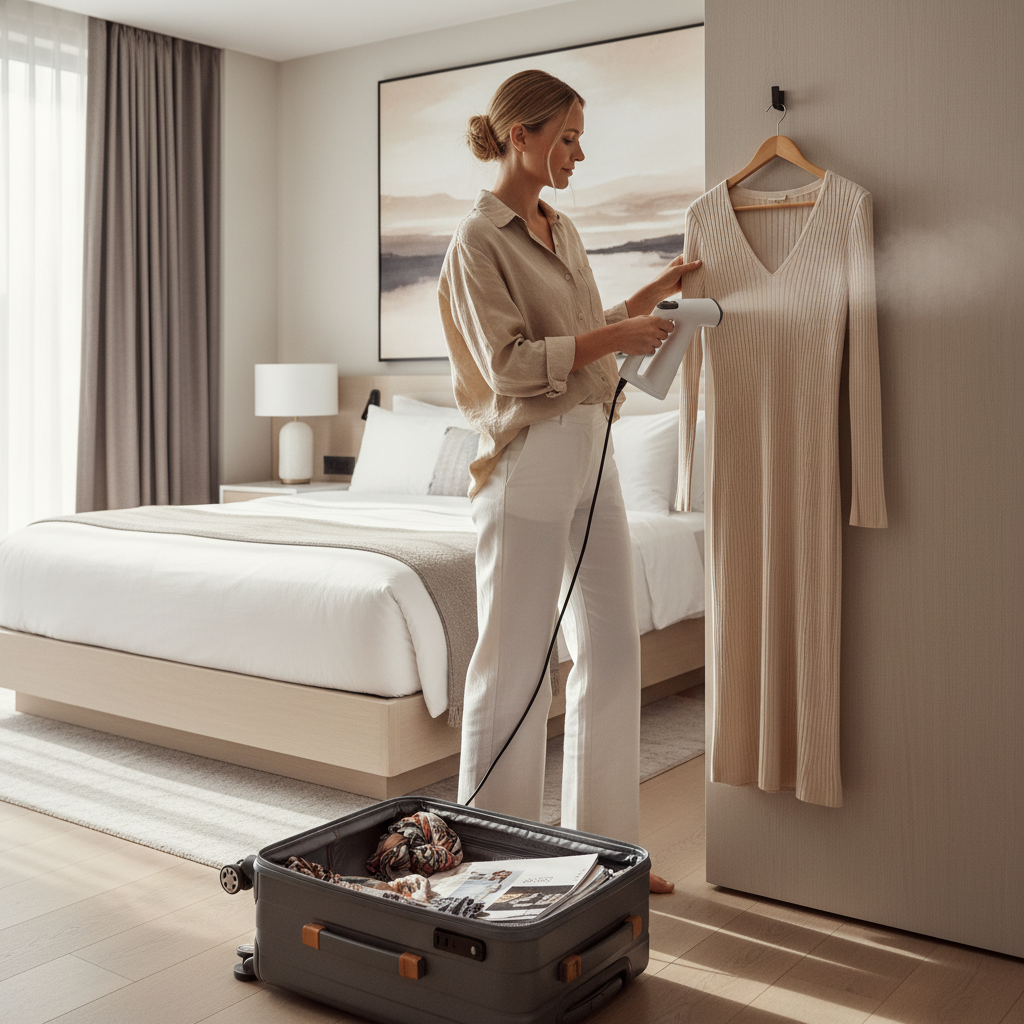 Woman steaming a travel outfit in a hotel room to remove wrinkles quickly