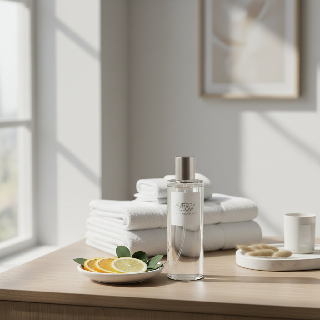 Fresh body mist styling with citrus, clean towels, and minimalist vanity