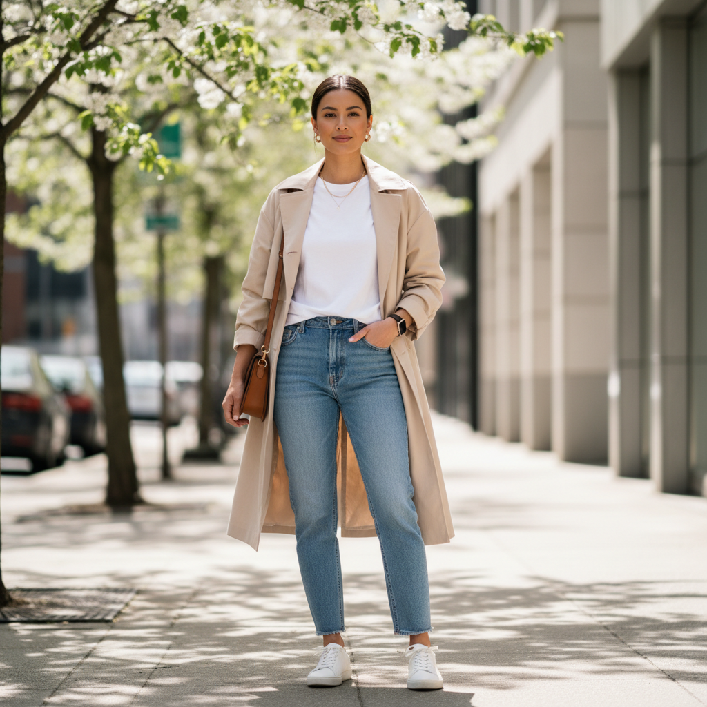 Fresh simple spring outfit with light layers and neutral colors