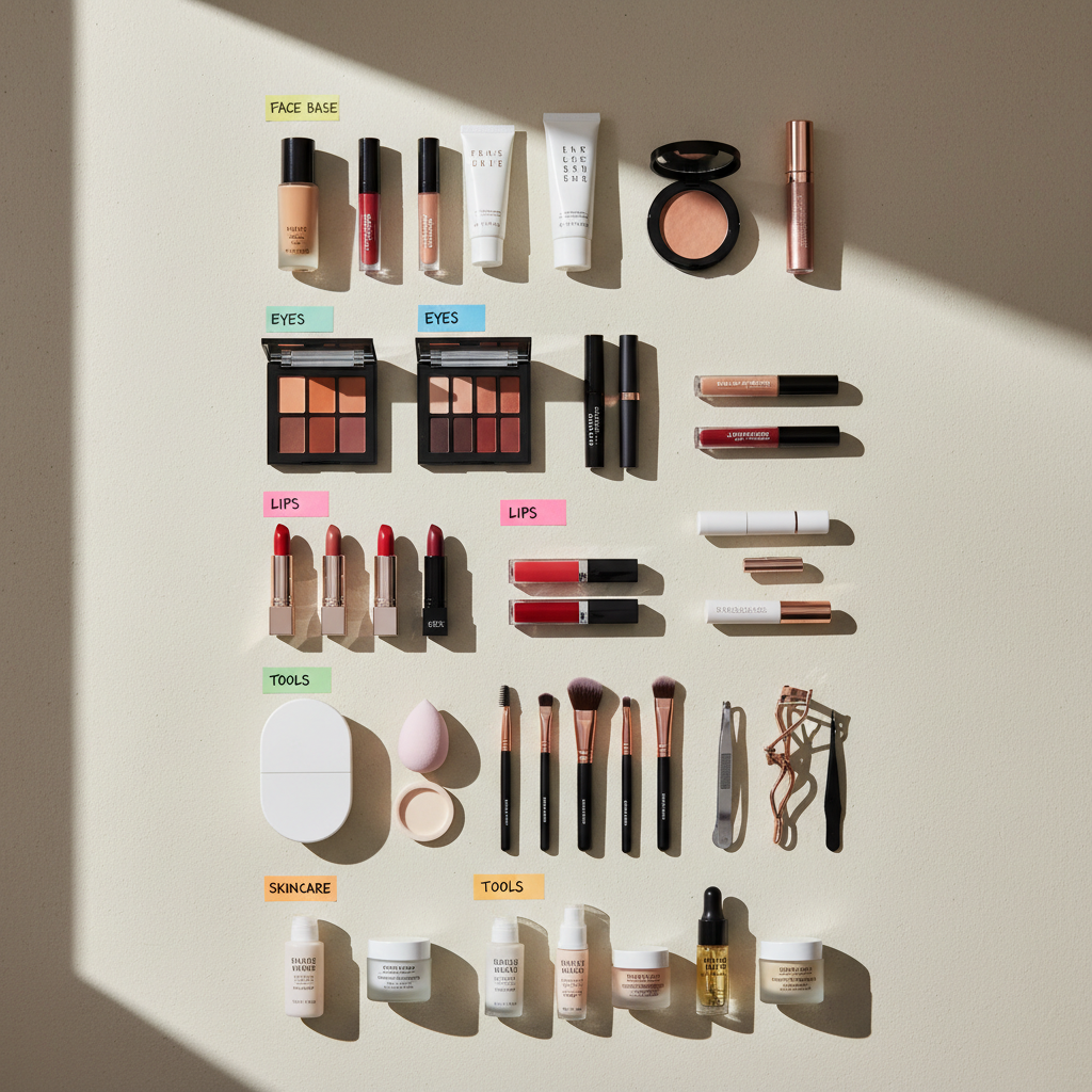 Makeup products laid out by category for an efficient core kit
